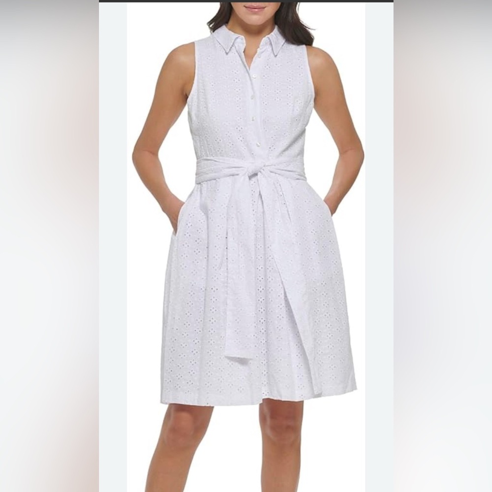Tommy Hilfiger white eyelet dress button up with pockets NWT 14 retro pinup